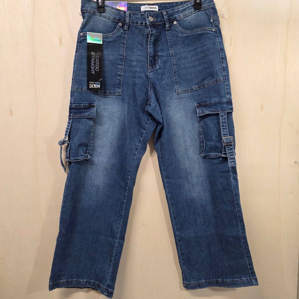 Love Soho Cargo Jeans Womens Size 18 Straight Leg Medium Wash Blue Denim NWT
